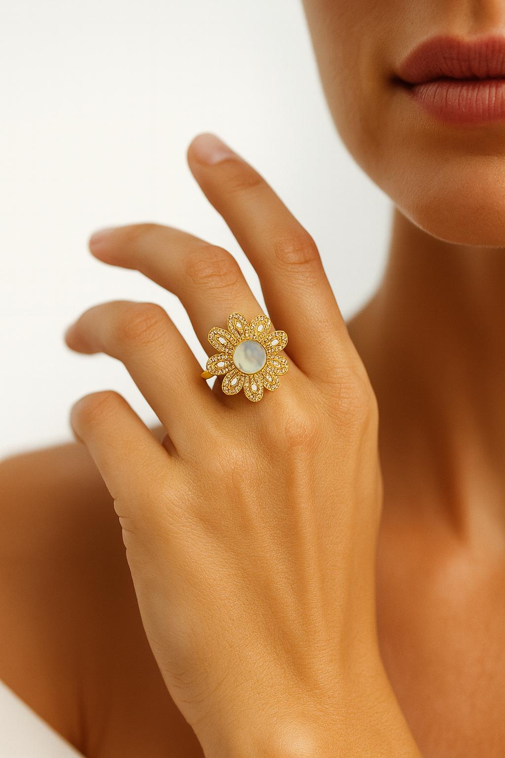 Close-up of a hand wearing a gold ring with a central gemstone on a neutral background