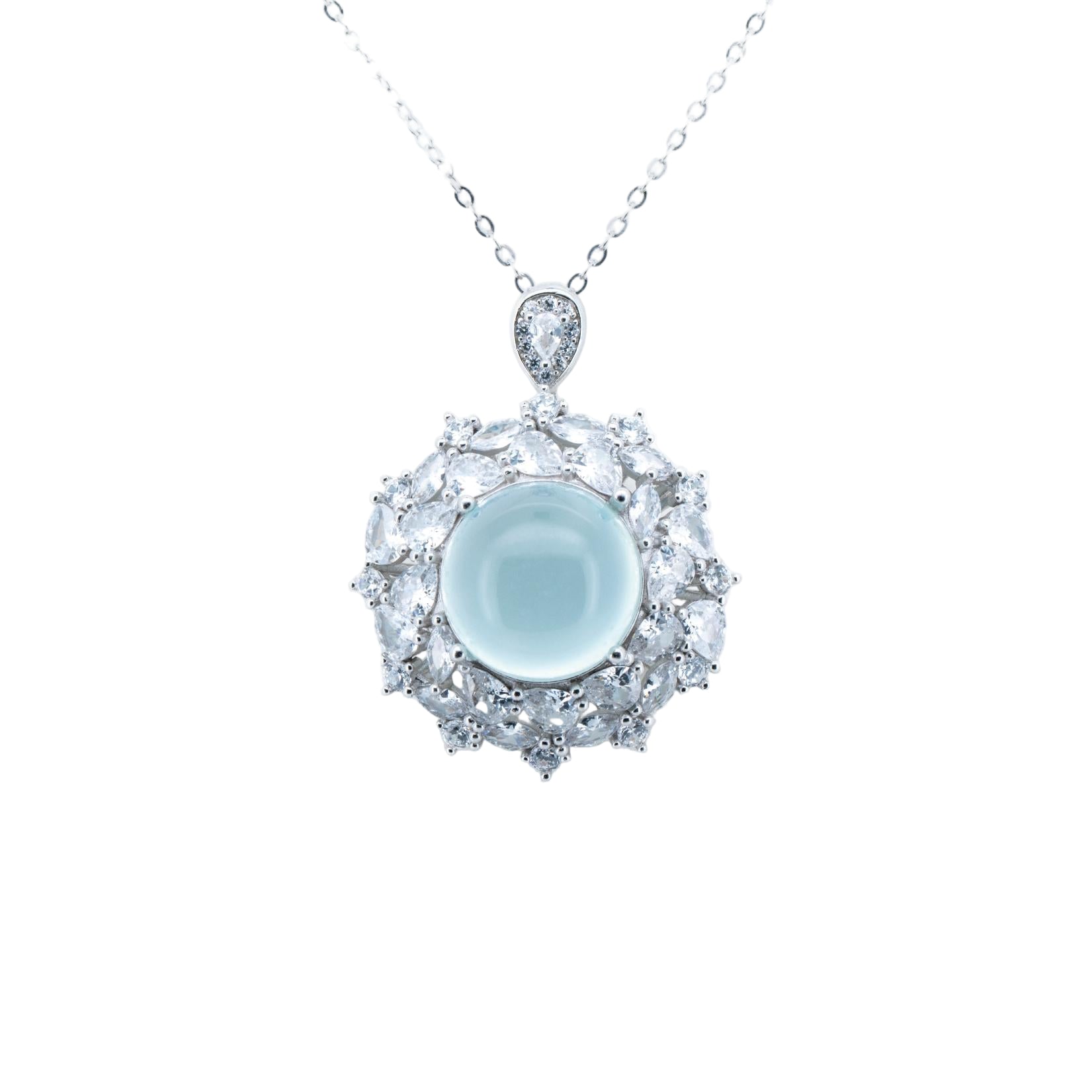 Elegant necklace with a central light blue gemstone and diamond-studded frame on a white background