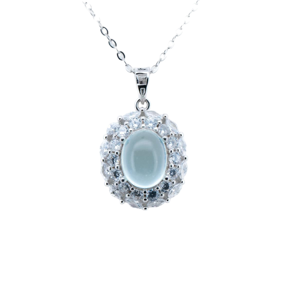 Silver necklace with a pendant on a white background