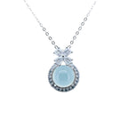 Necklace with a light blue pendant and clear stones on a white background