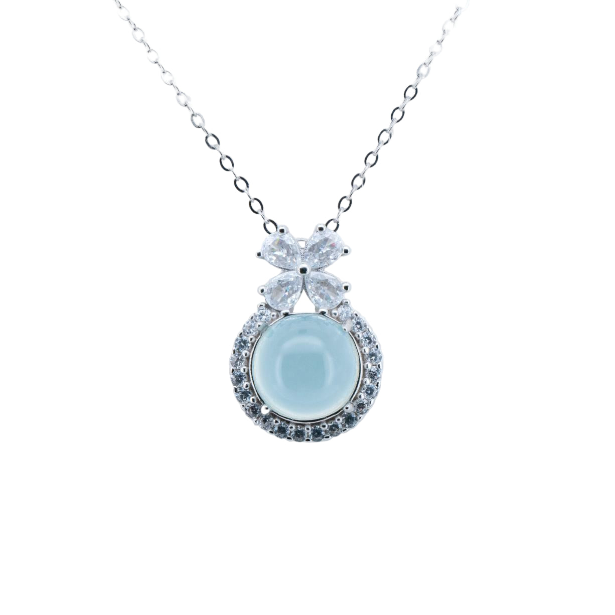 Necklace with a light blue pendant and clear stones on a white background