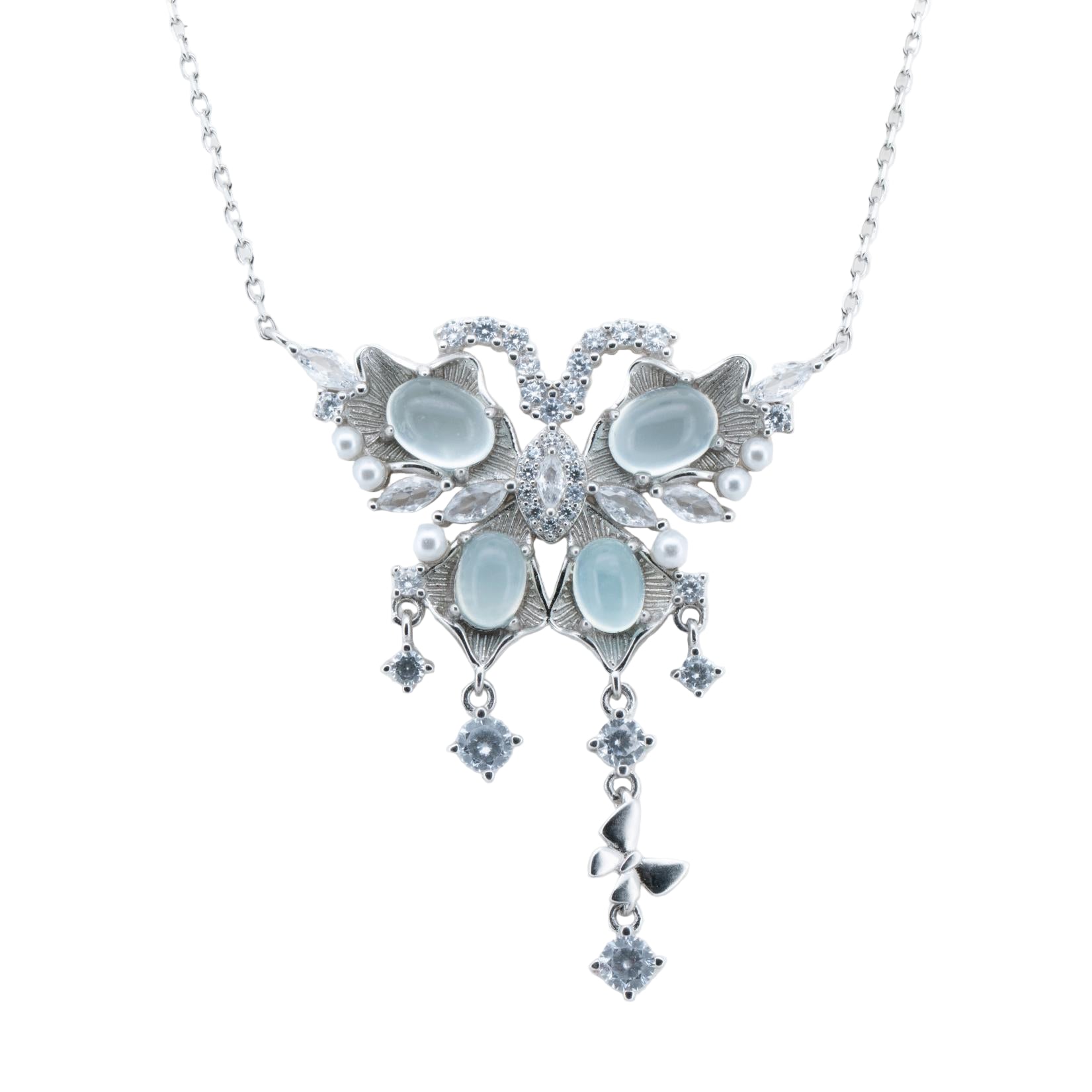 Elegant silver necklace with blue gemstones on a white background