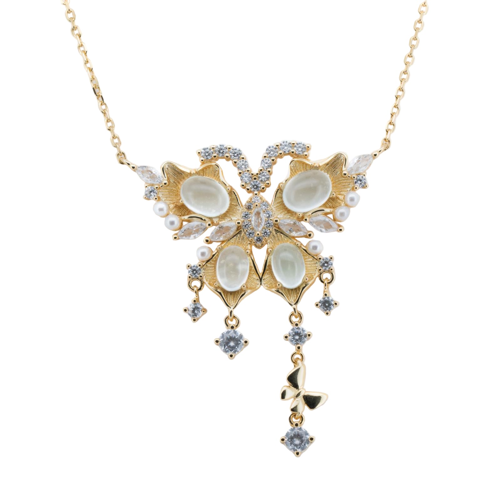 Gold necklace with a decorative pendant on a white background