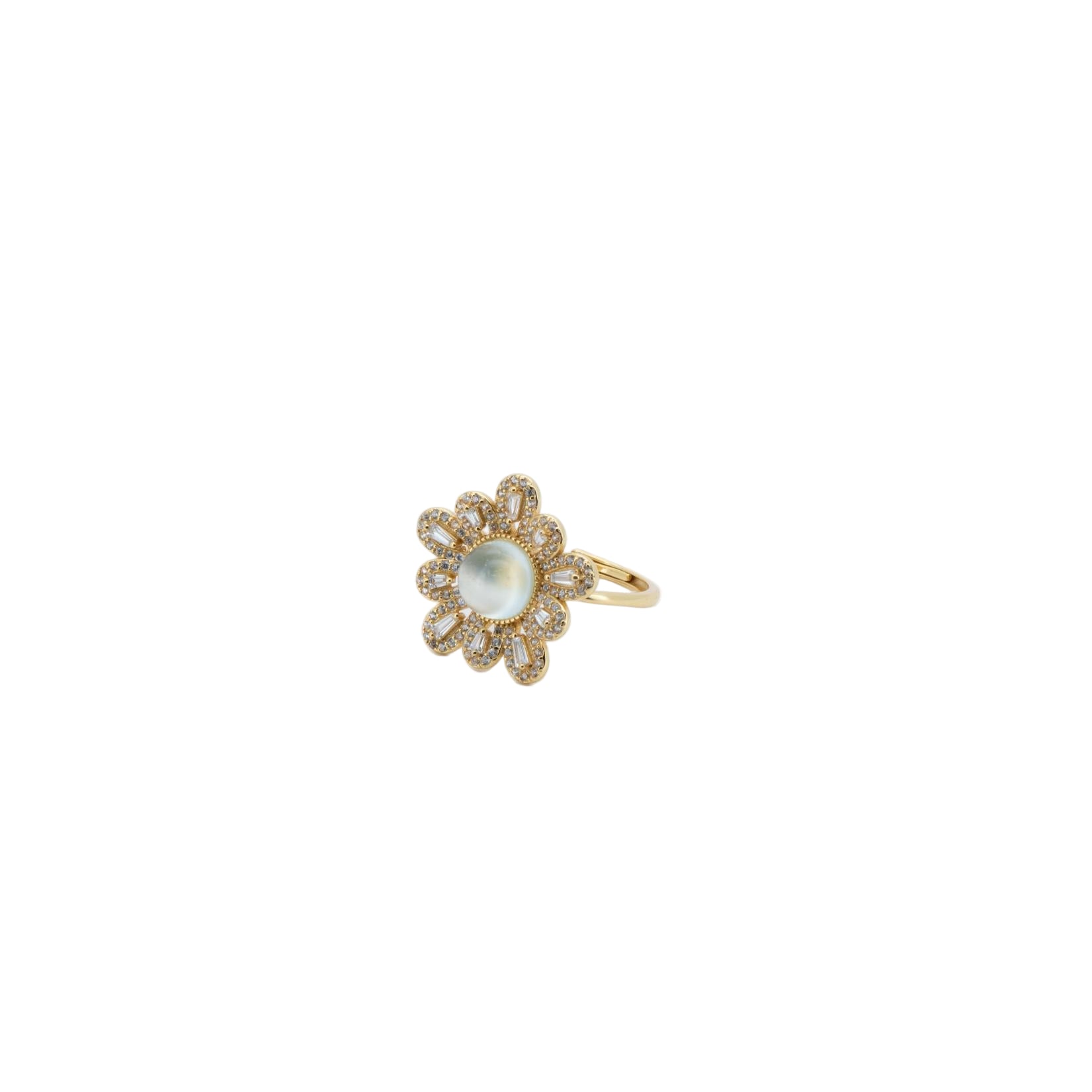 Gold ring with a central gemstone on a white background